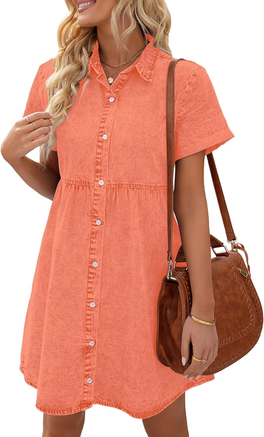 LookbookStore Women's Short Sleeve Button Down Flowy Tiered Babydoll Denim Dress...