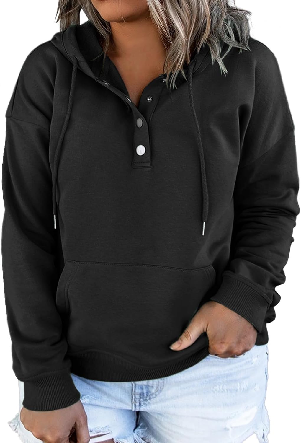 Eytino Plus Size Hooded for Women Tops Long Sleeve Button Collar Drawstring Hood...