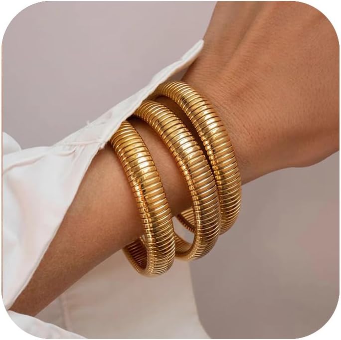Gold Bangles for Women Chunky Stretch Bangles Bracelets Set 18K Gold Plated Stai...