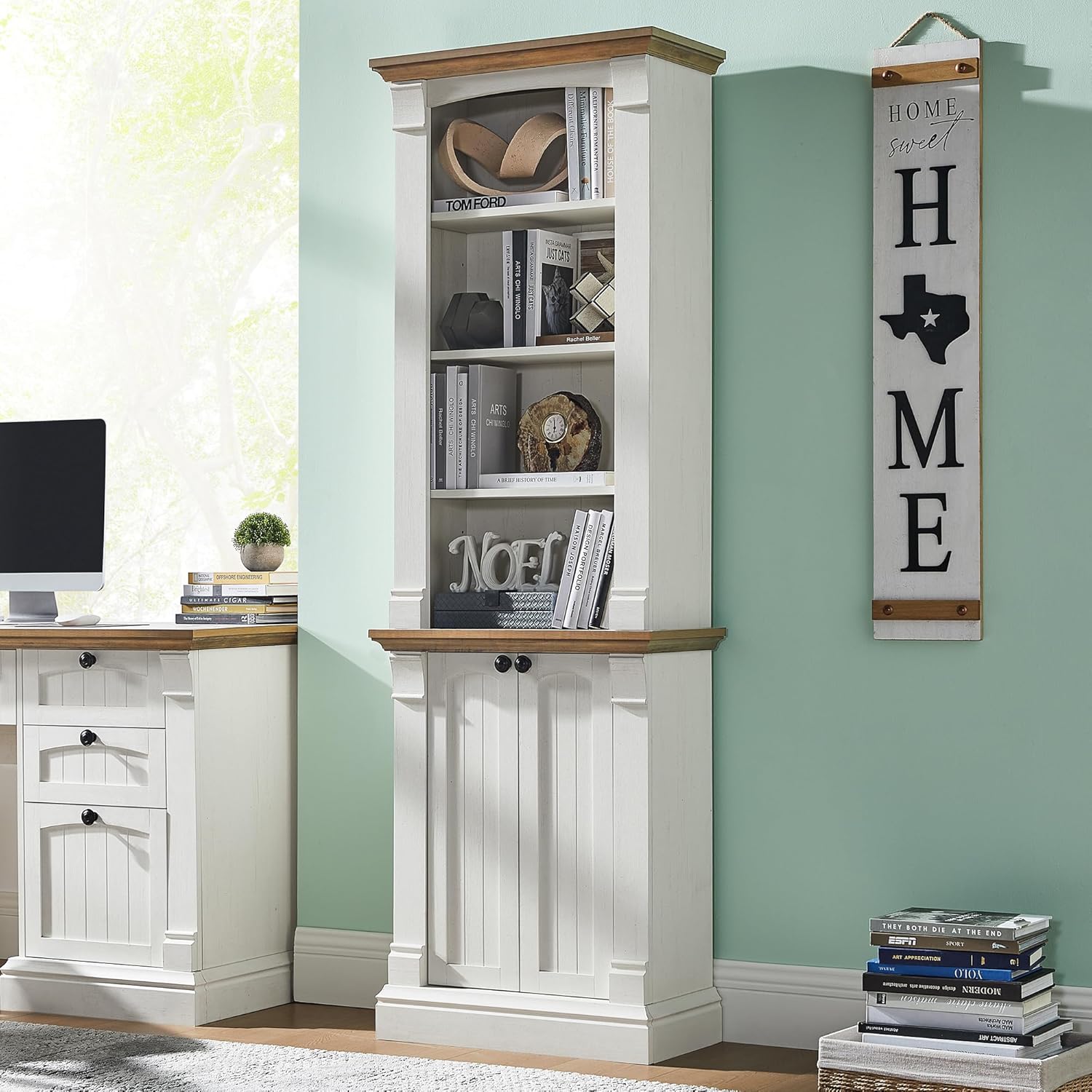 OKD Farmhouse Bookcase with Storage Cabinet, 72" Tall Bookshelf with Adjustable...