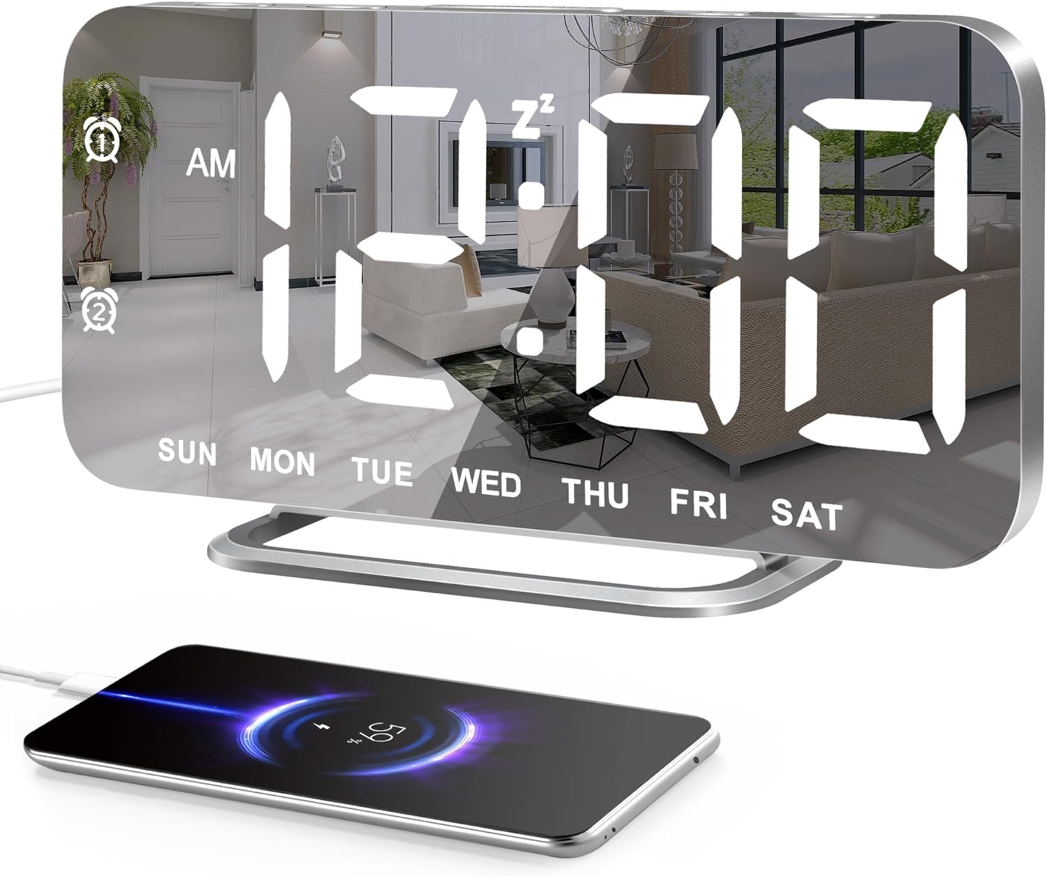 Slim LED Digital Alarm Clock, Mirror Surface for Makeup, with Diming, Large Disp...
