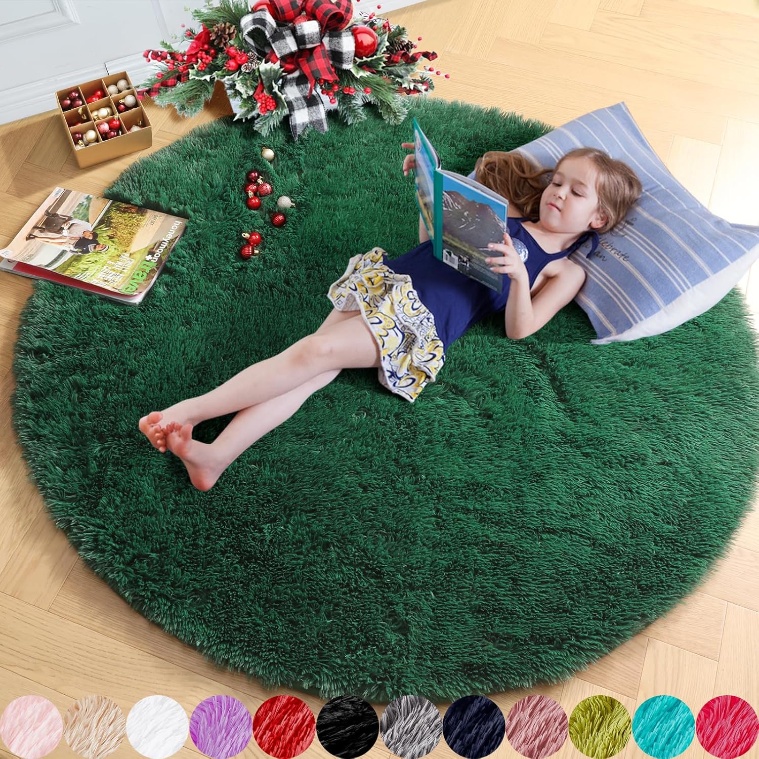 Amdrebio Deep Green Fluffy Round Rug for Bedroom, Thick Floor Circle Rug 5x5 for...