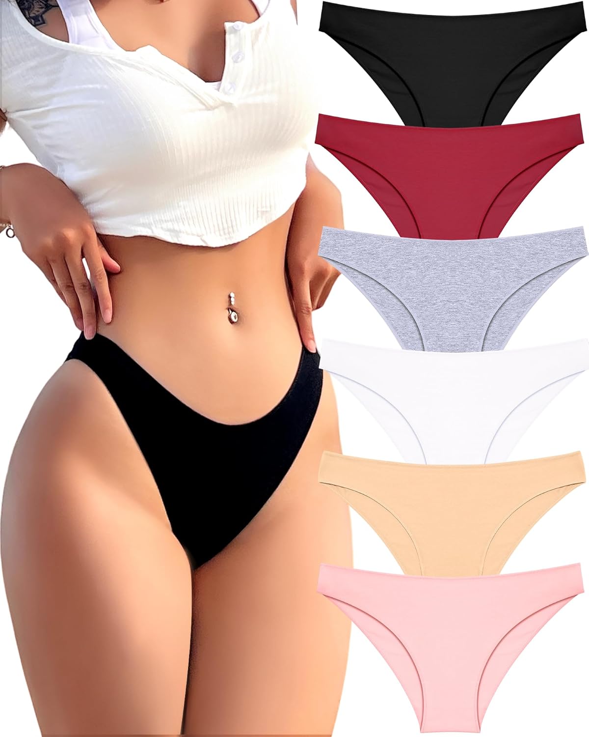 FINETOO 6 Pack Cotton Underwear for Women Cute Low Rise Bikini Panties High Cut...