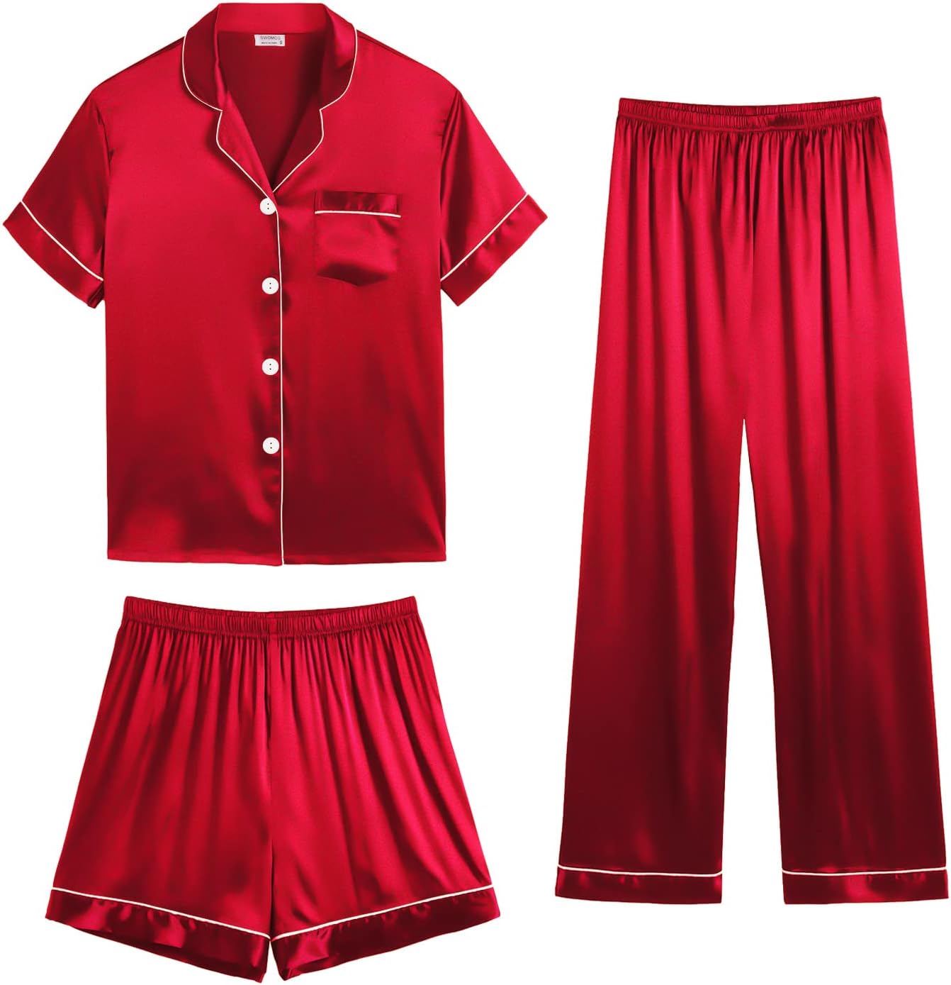 SWOMOG Womens 3pcs Pajamas Set Silk Satin Short Sleeve Sleepwear Button Down Lou...