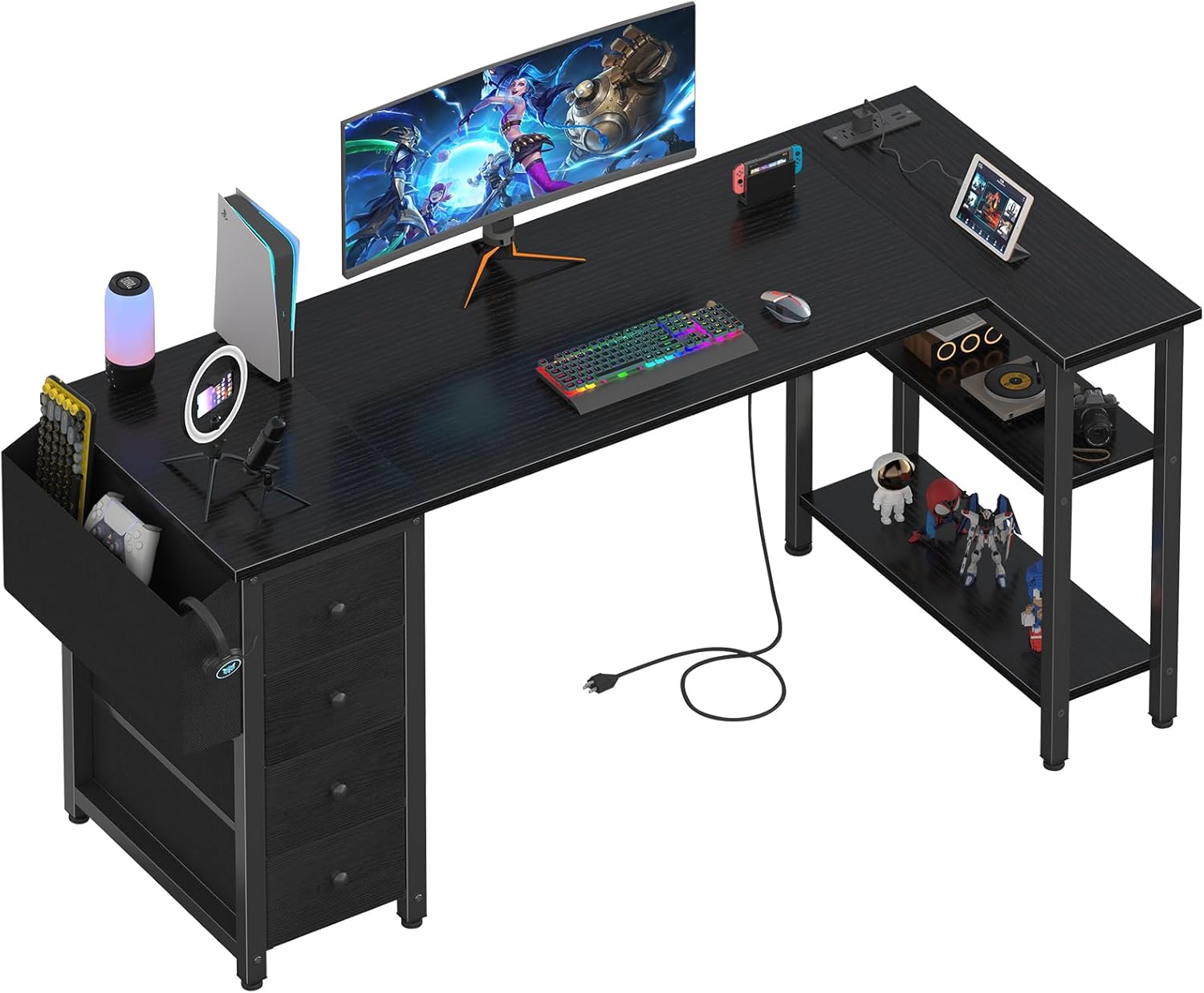 Lufeiya L Shaped Gaming Desk with Drawers & Storage Shelves, 63 Inch Corner Comp...