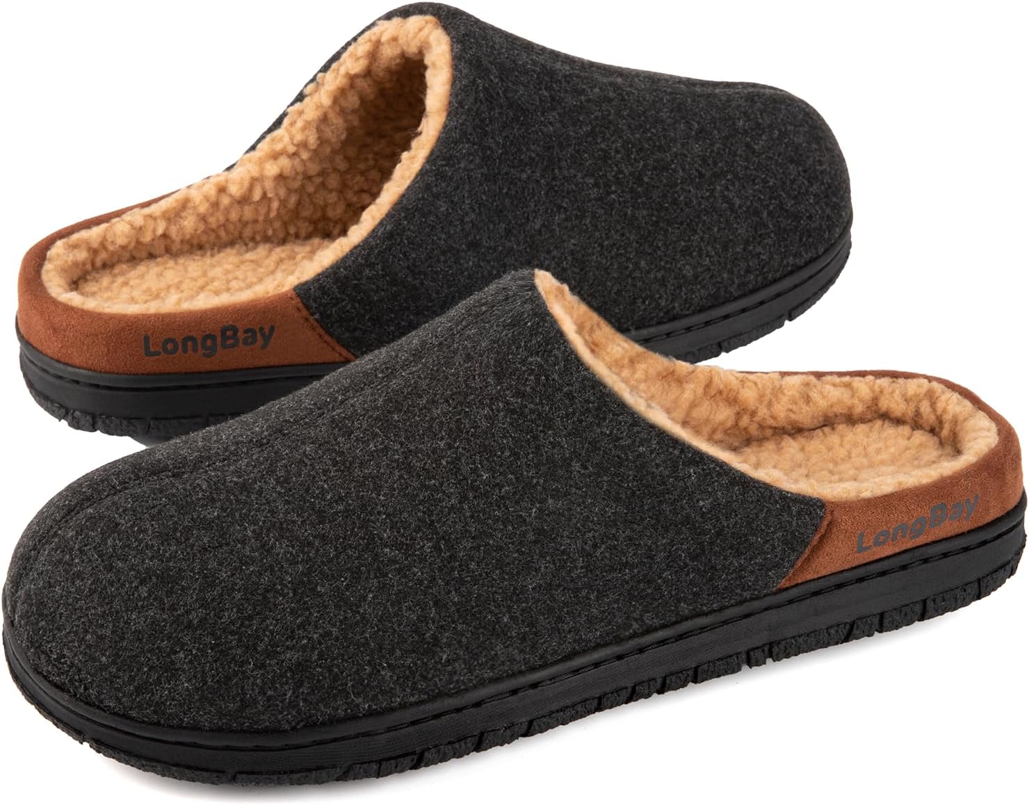 LongBay Men's Fuzzy Sherpa Lined Slippers Warm Memory Foam Non-slip Slippers Sli...