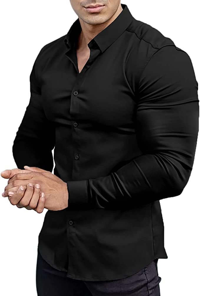 Men’s Muscle Fit Dress Shirts Athletic Slim Fit Long Sleeve Stretch Casual Butto...