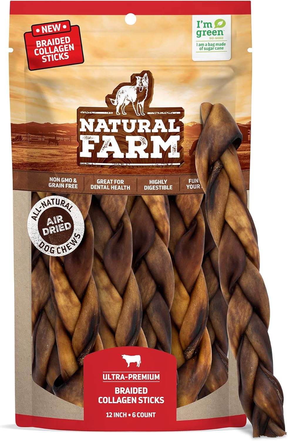 Natural Farm Braided Collagen Chews for Dogs (12 Inch, 6 Pack), Collagen Sticks,...