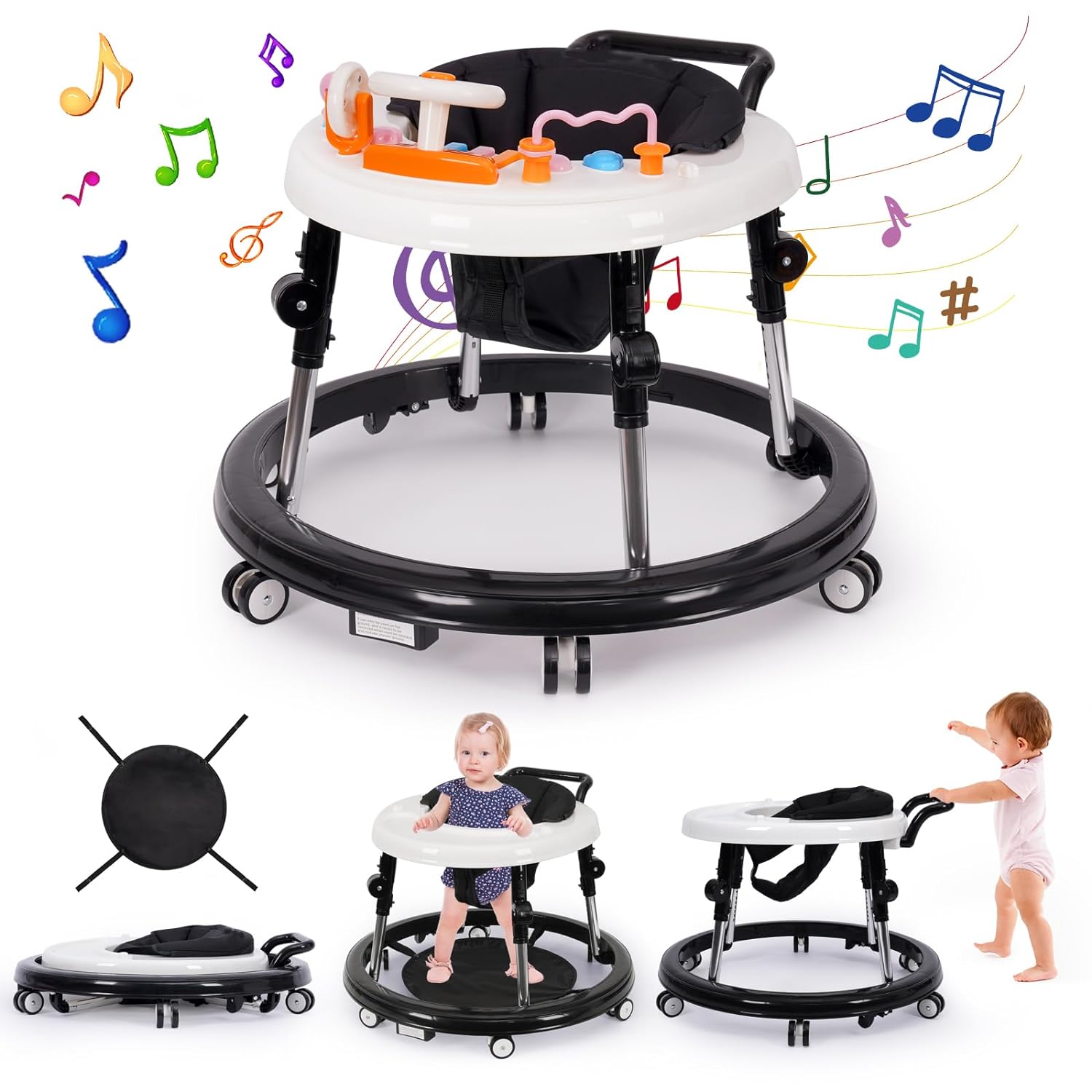 Music and Lights Baby Walker Foldable with 9 Adjustable Heights, Baby Walker wit...