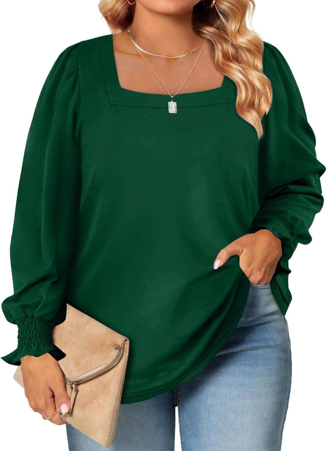 Eytino Plus Size Tops for Women Square Neck Puff Sleeve Summer Casual Loose Blou...