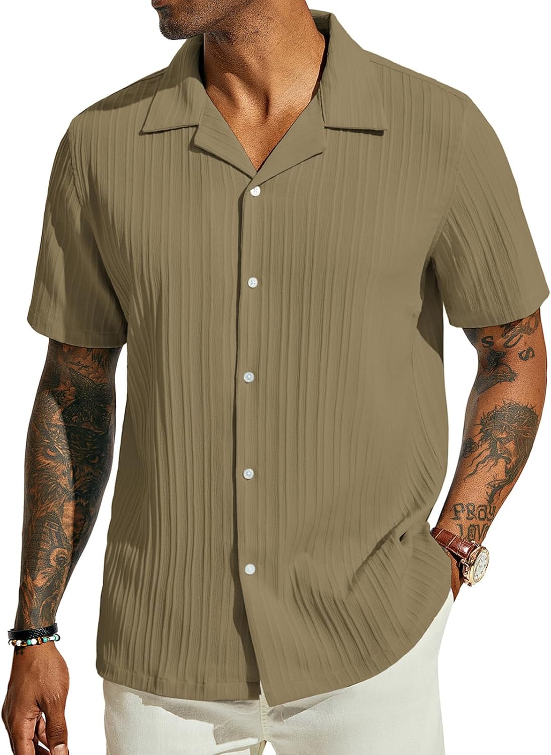 PJ PAUL JONES Men's Casual Button Down Shirts Short Sleeve Textured Shirts Wrink...