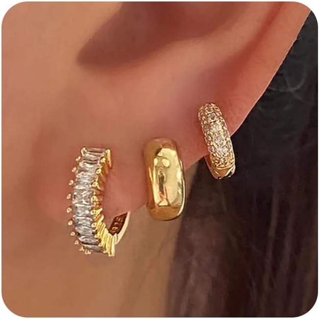 Gold Hoop Earrings Set for Women, 14K Gold Plated Small Gold Earrings Sets for M...