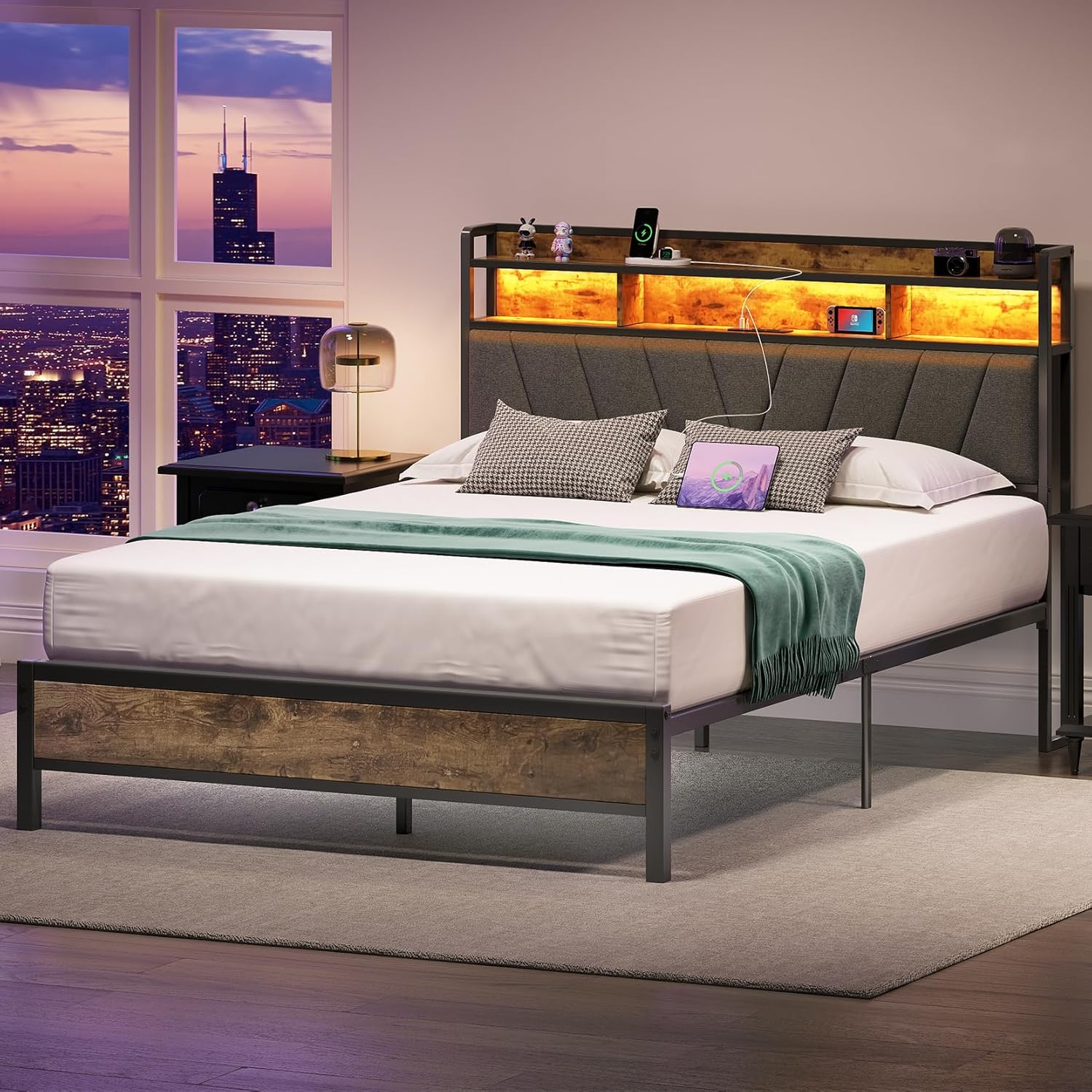 Queen Bed Frames, Metal Bed Frames with Charging Station, LED Lights Bed Frames...