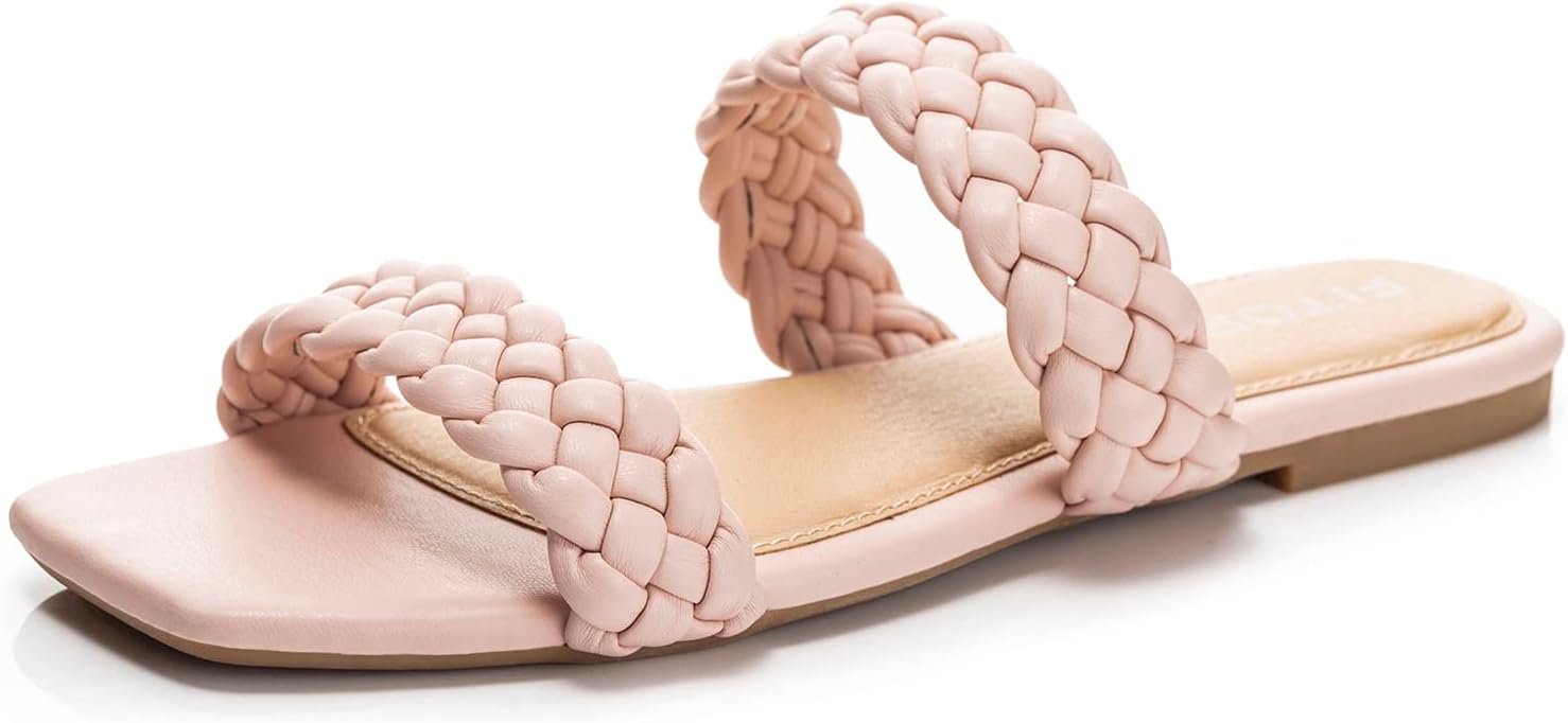 FITORY Womens Flat Sandals Fashion Round Open Toe Slip On Slides with Braided St...