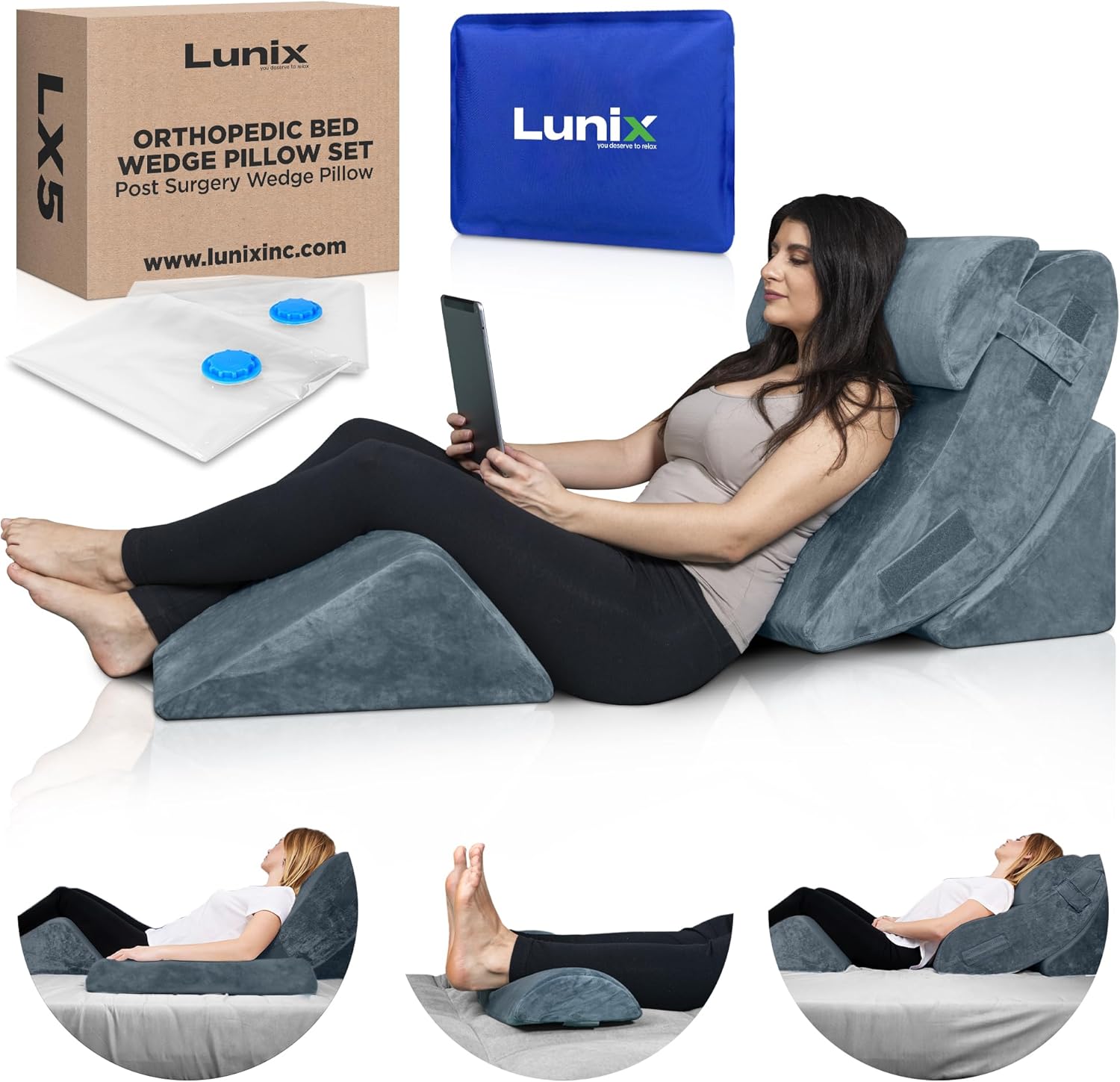 Lunix 4pcs Orthopedic Bed Wedge Pillow Set, Post Surgery Memory Foam for Back, L...