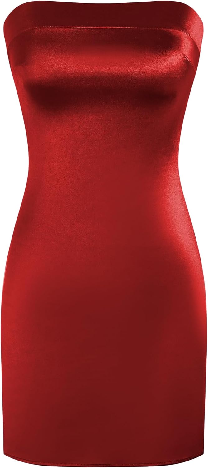 ZAFUL Women Tube Satin Mini Dress Bodycon Backless Silk Wedding Guest Cocktail D...