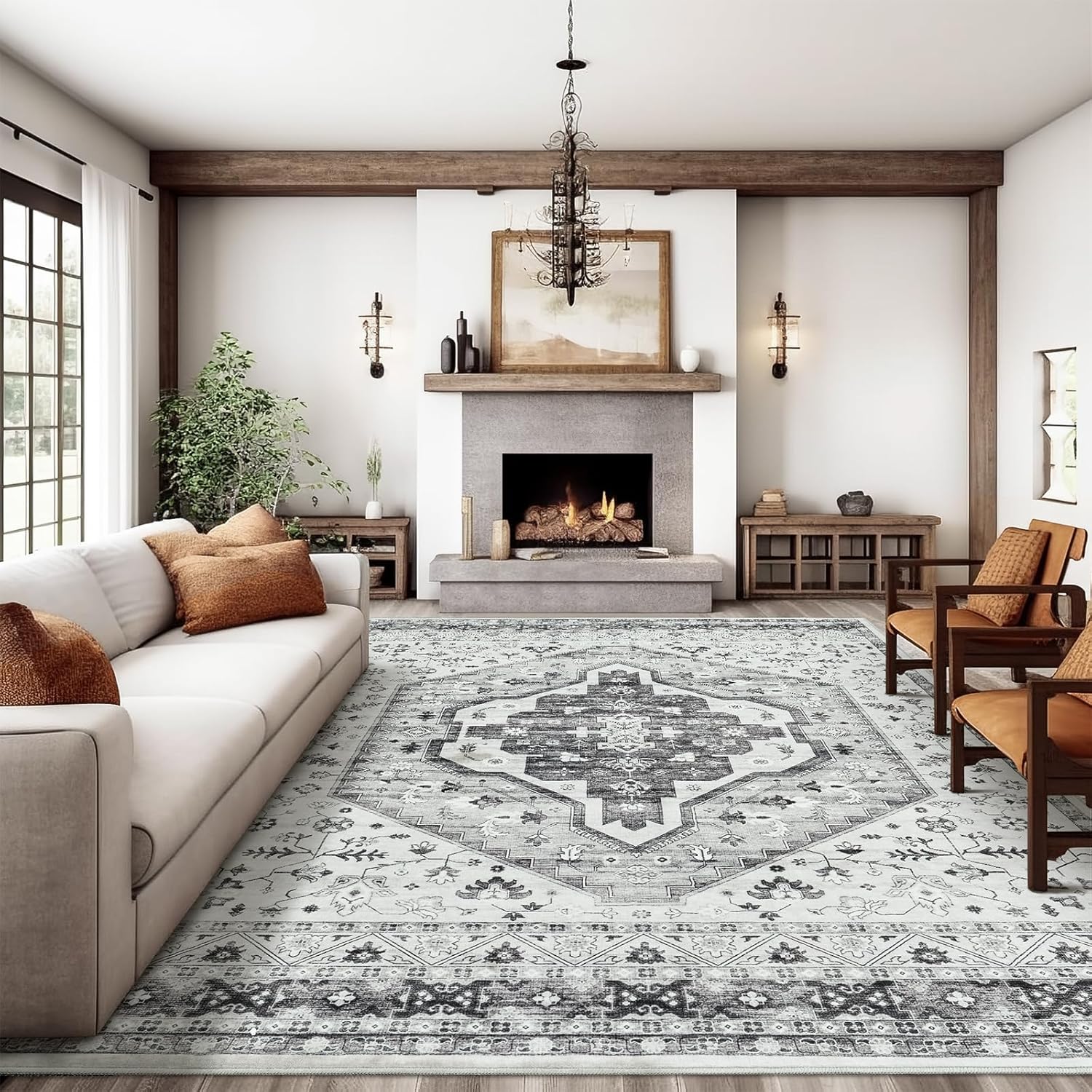 Area Rugs for Living Rooms - 8x10, Boho Non-Slip Low Pile Carpet Machine Washabl...