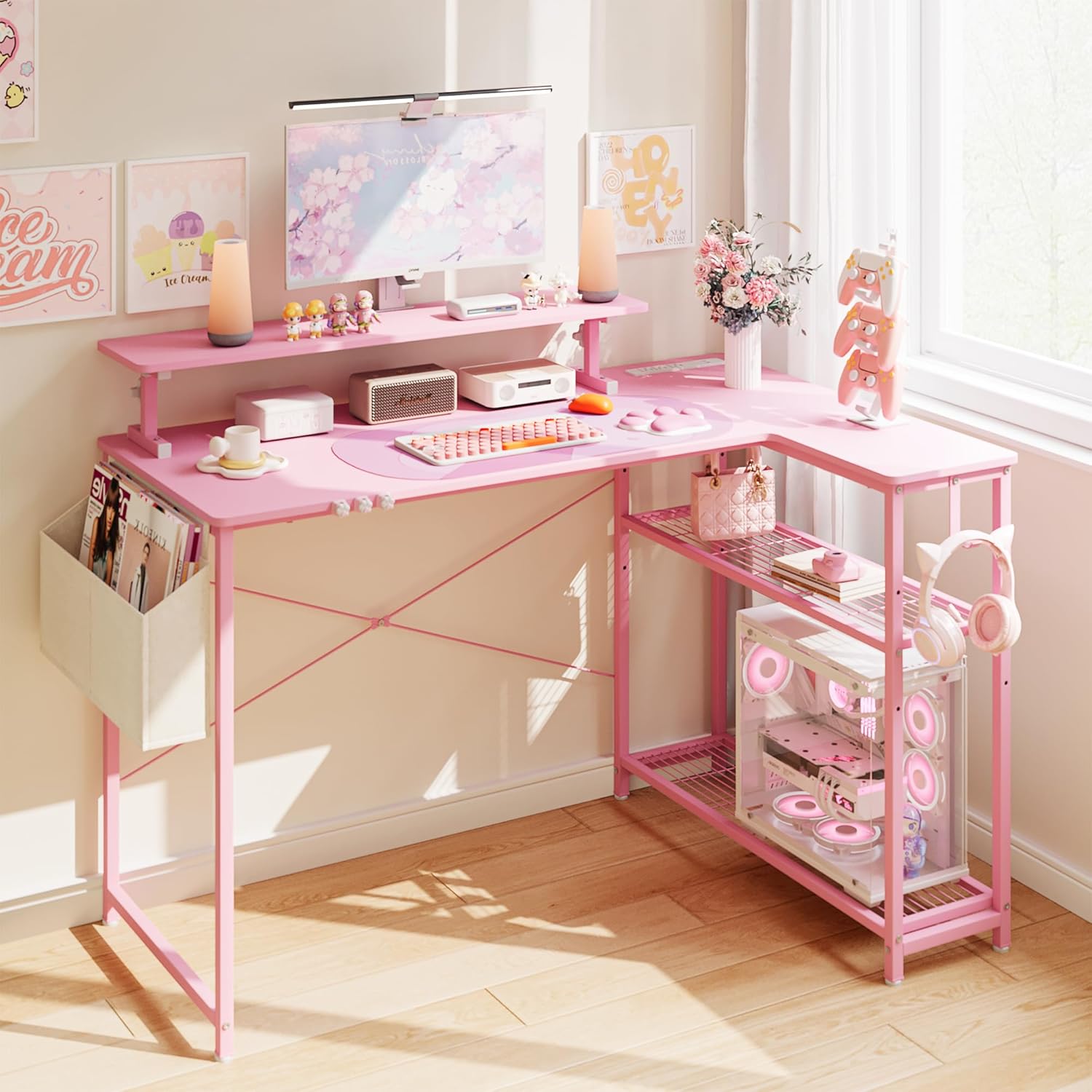 Dowinx L-Shaped Gaming Desk Cute with Cat Accessories, Built-in Power Outlet, Mo...