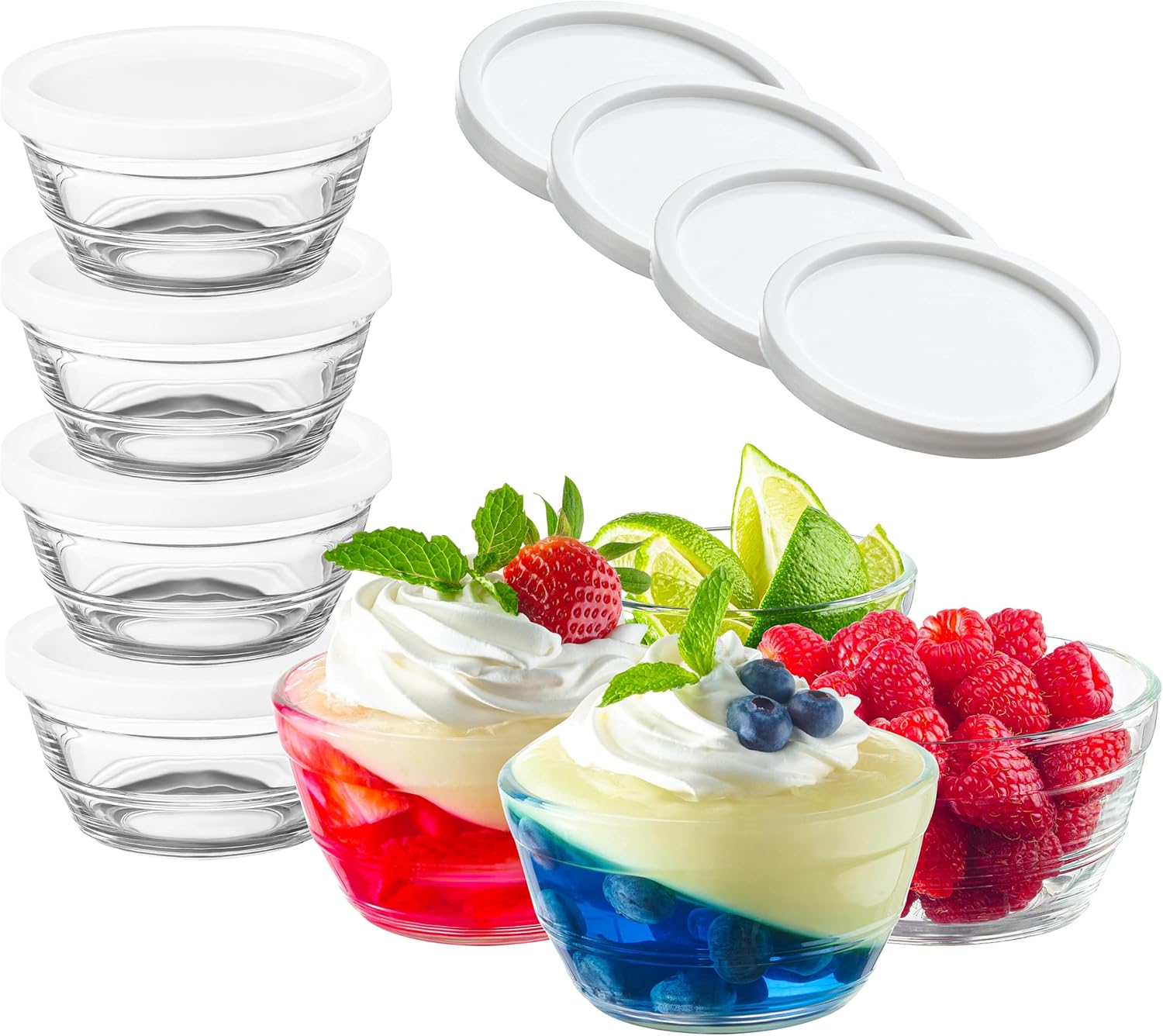 16pc Set of Small Glass Bowls with Airtight Lids - 8oz Stackable Custard Cups -...