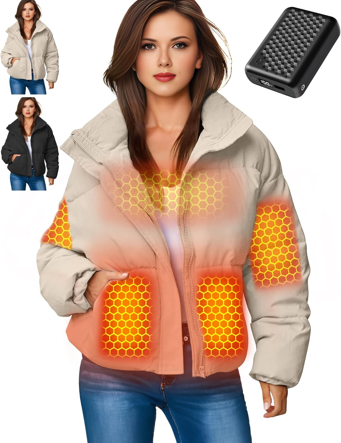 Genovega Women Heated Jacket Trendy 2024 Fashion Puffy Short Cream Warm Coat Lar...