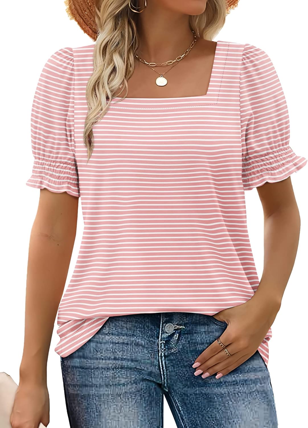 WIHOLL Tops for Women Summer Casual Ruffle Trim Sleeve Square Neck T Shirts 3X-L...