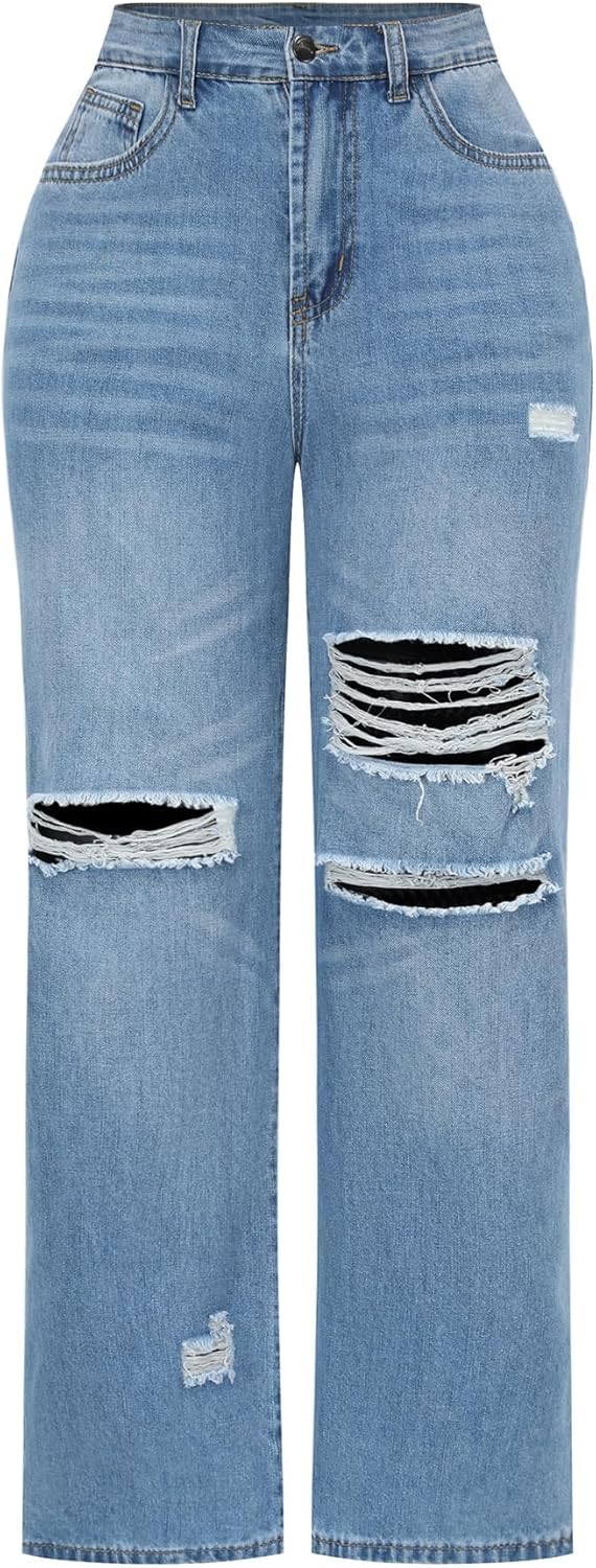 THUNDER STAR Womens High Waisted Wide Leg Jeans Stretchy Distressed Denim Pants...