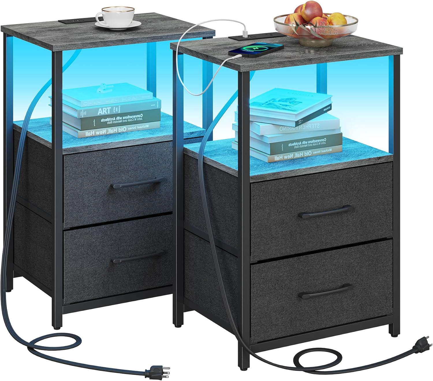 TUTOTAK LED End Table with Charging Station, Nightstand with Cloth Drawer, Side...