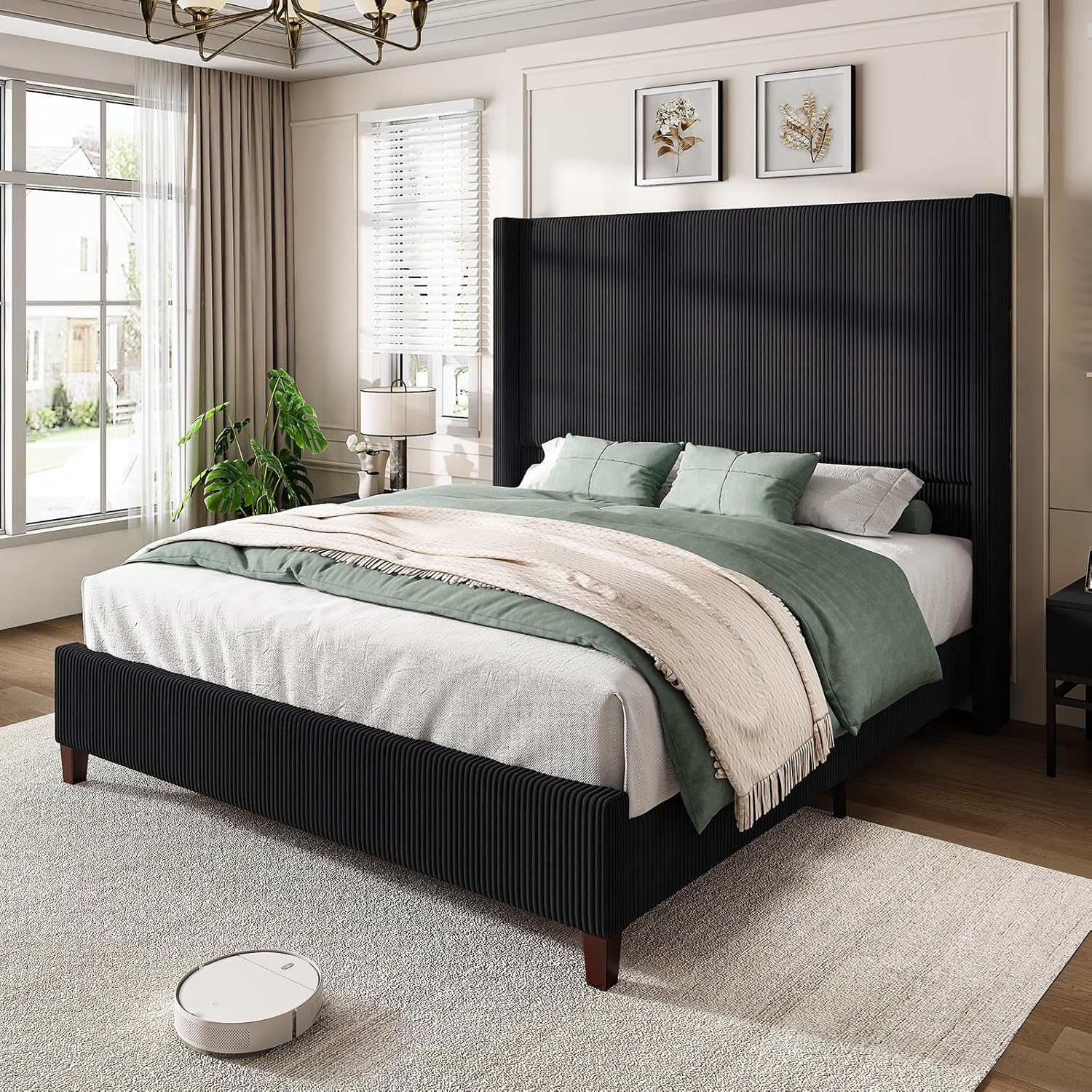 AMERLIFE Queen Size 62" Corduroy Upholstered Bed Frame, Luxurious Platform Bed w...