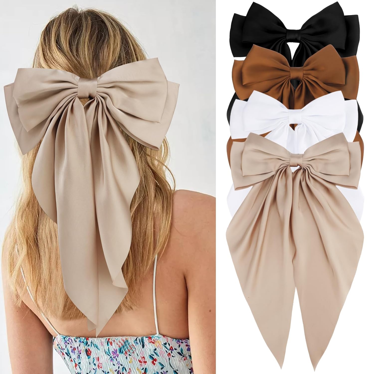 Velscrun Hair Bows for Women Girls 4Pcs White Silky Hair Bow Khaki Satin Large C...