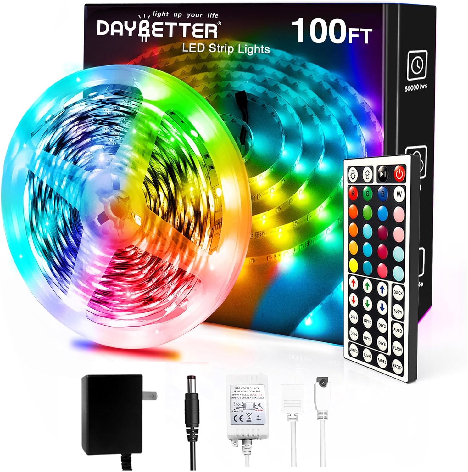 DAYBETTER Led Strip Lights 100ft, RGB Color Changing Led Strips with 44 Keys Rem...