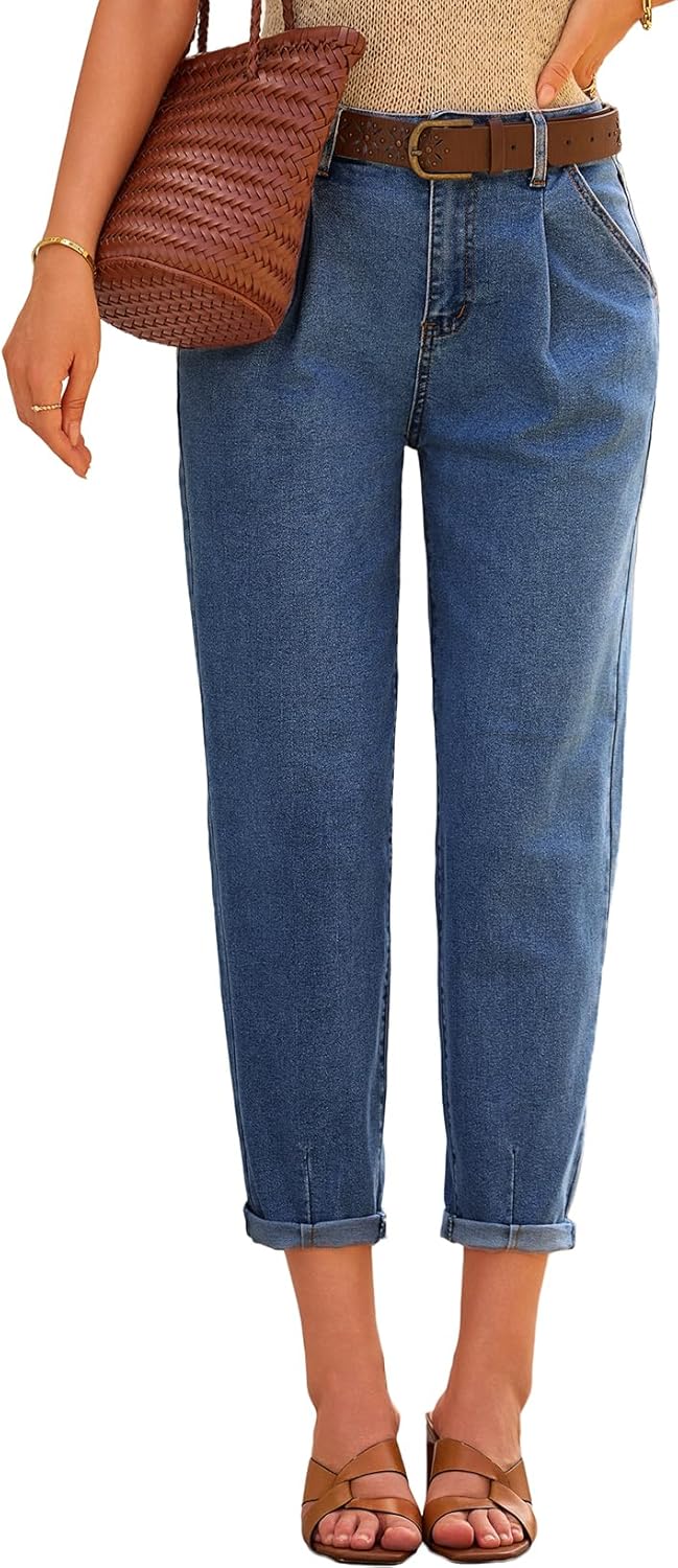 EVALESS Womens Baggy Jeans High Waisted Stretchy Boyfriend Barrel Denim Ankle Pa...