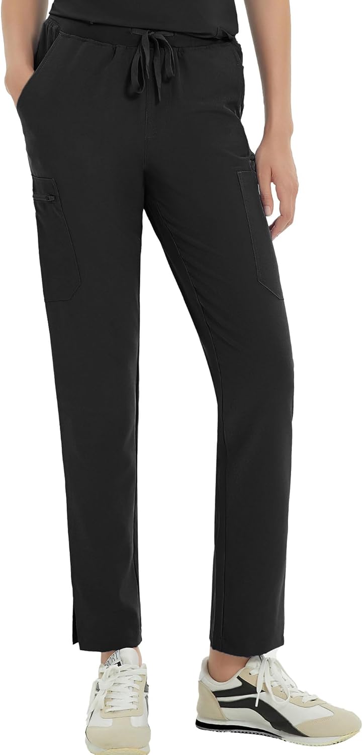 Medical Scrub Pants for Women, Mid Rise Skinny Straight Cargo with Yoga Waistban...