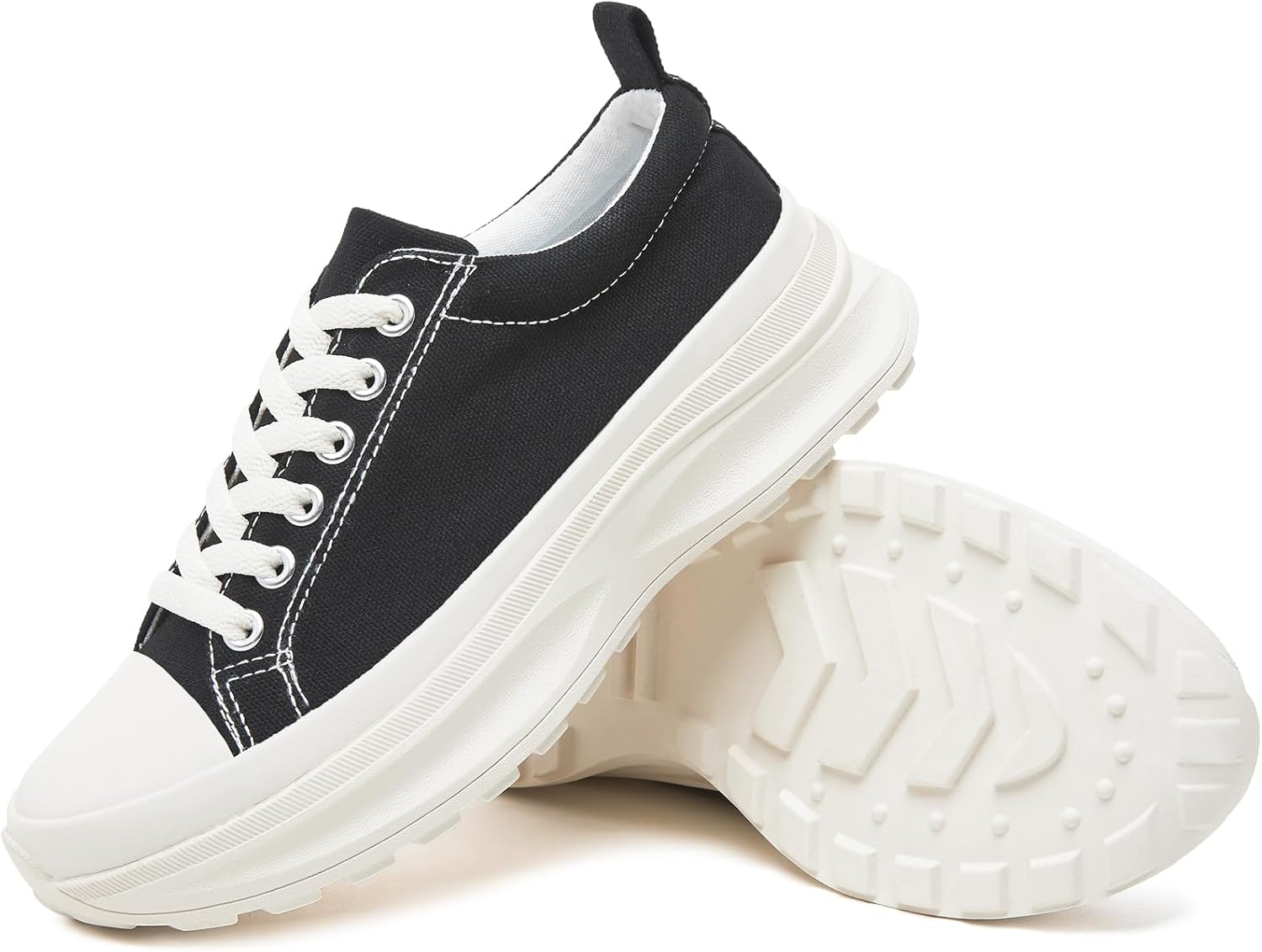 Womens Platform Sneakers Low Top White Shoes for Women Lace Up Canvas Shoes Blac...