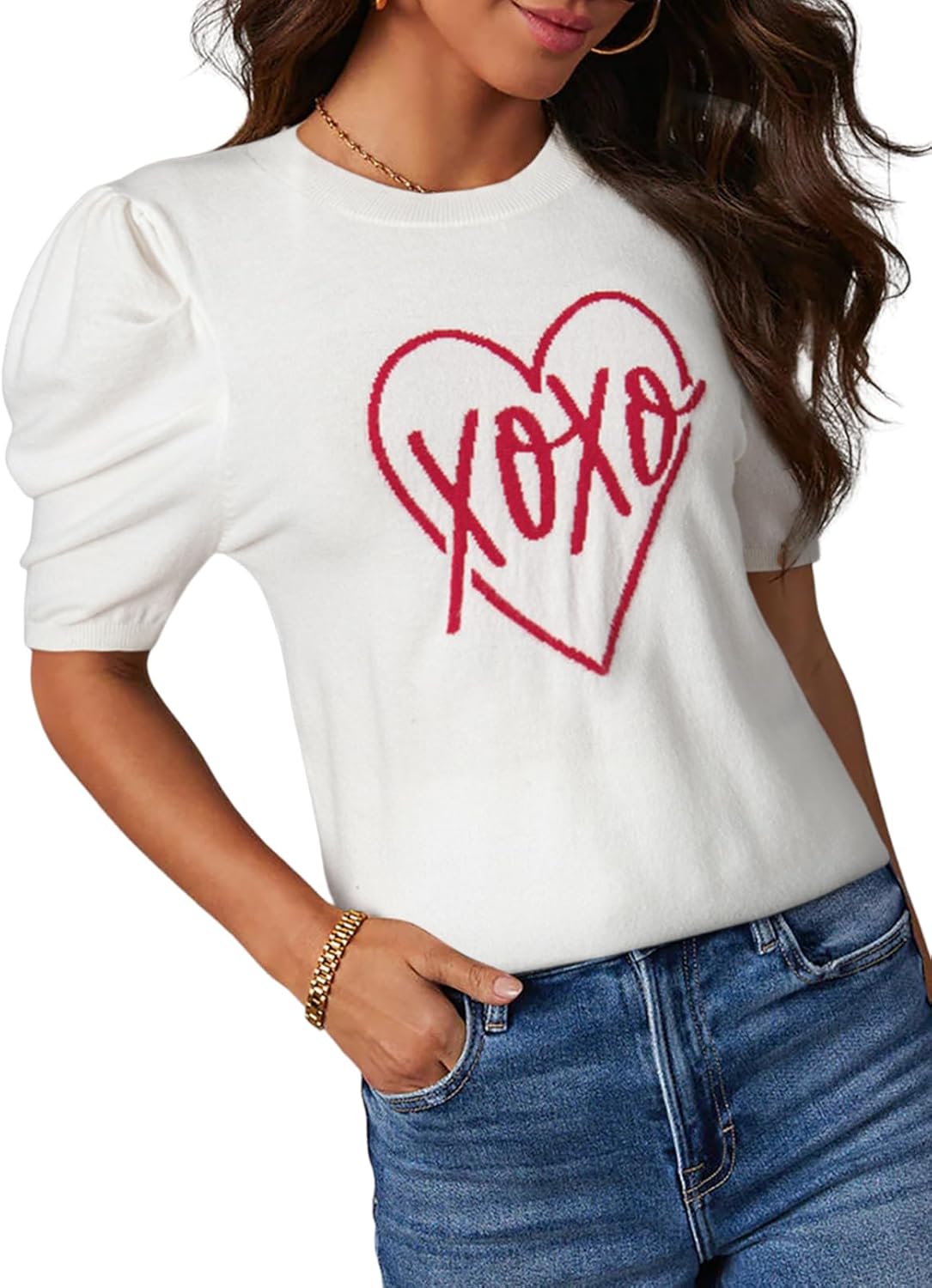 Dokotoo Women's Short Puff Sleeve Knit Tops 2025 Trendy Crewneck Striped T Shirt...