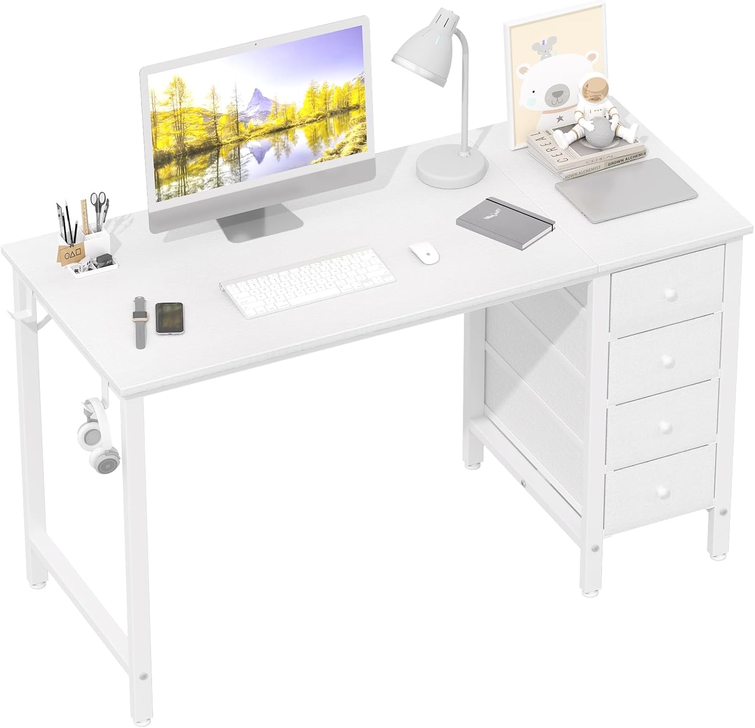 Lufeiya White Computer Desk with Fabric Drawers, 47 Inch Study Work Writing Desk...