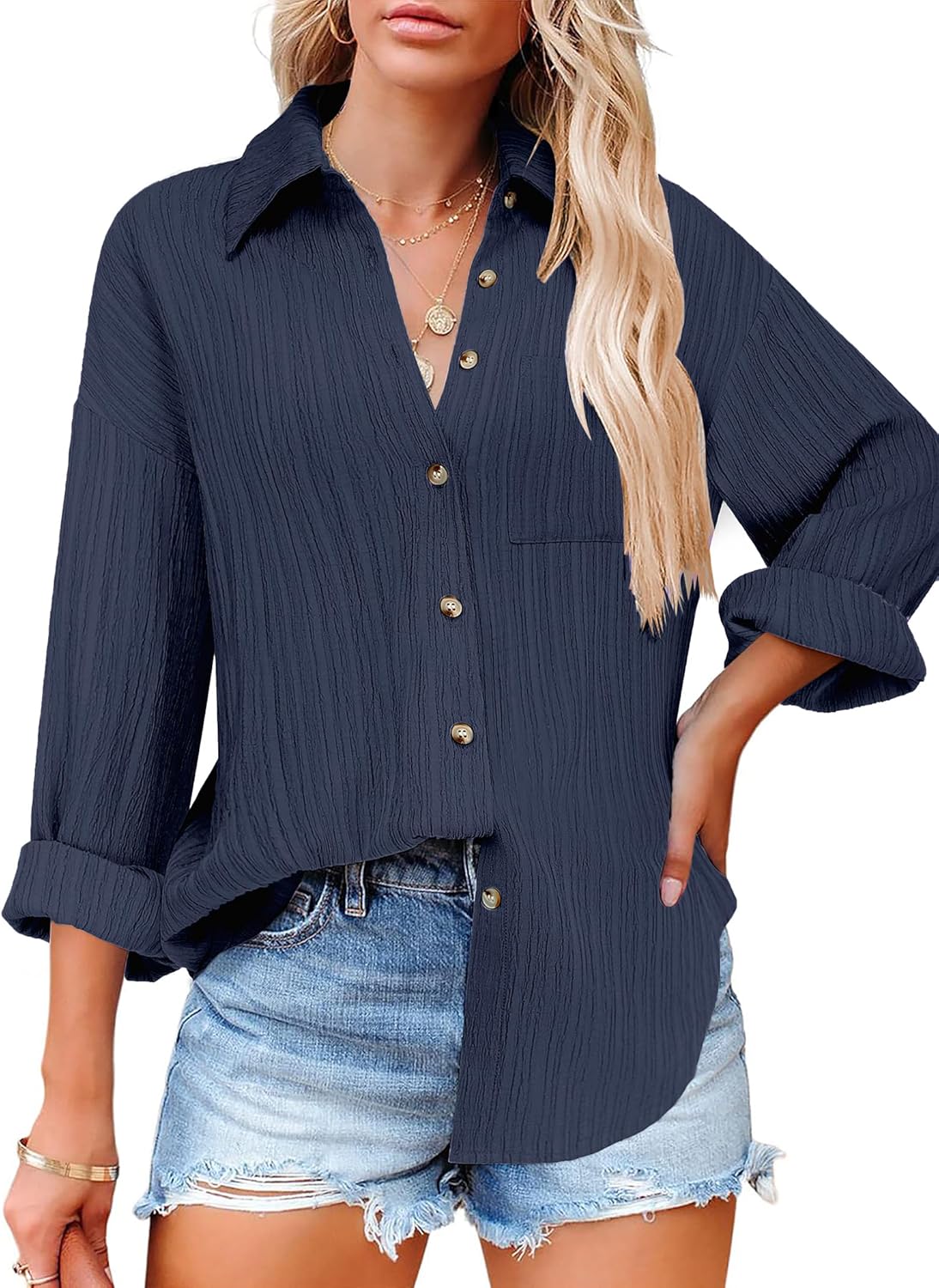 HOTOUCH Womens Button Down Shirts Casual Long Sleeve Dress Shirt Textured Collar...