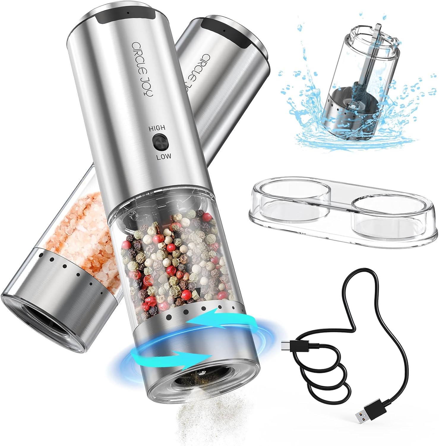 CIRCLE JOY Electric Salt and Pepper Grinder Set Stainless Steel Rechargeable Sal...