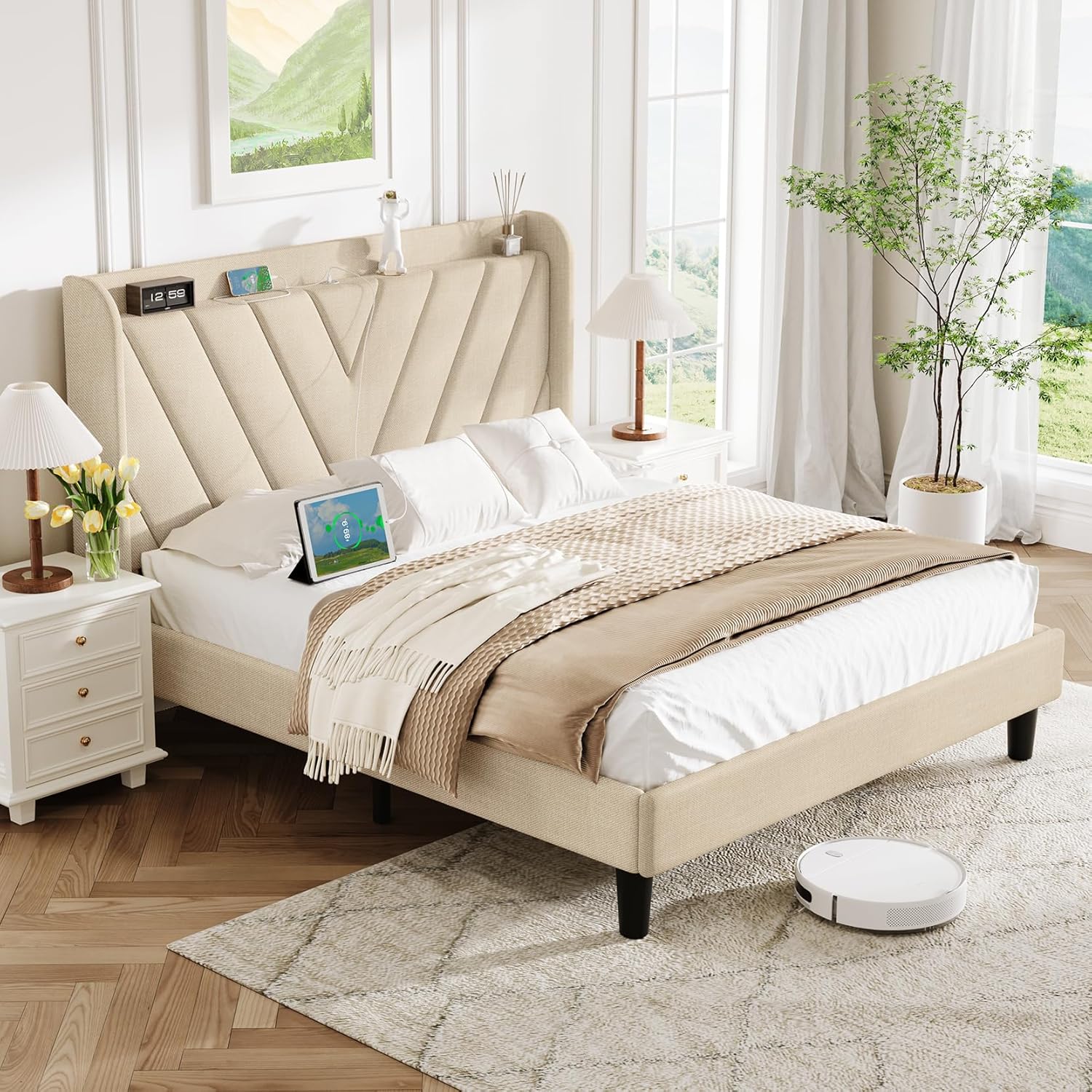 Full Size Bed Frame, Full Bed Frame with Headboard, Adjustable Upholstered Bed F...
