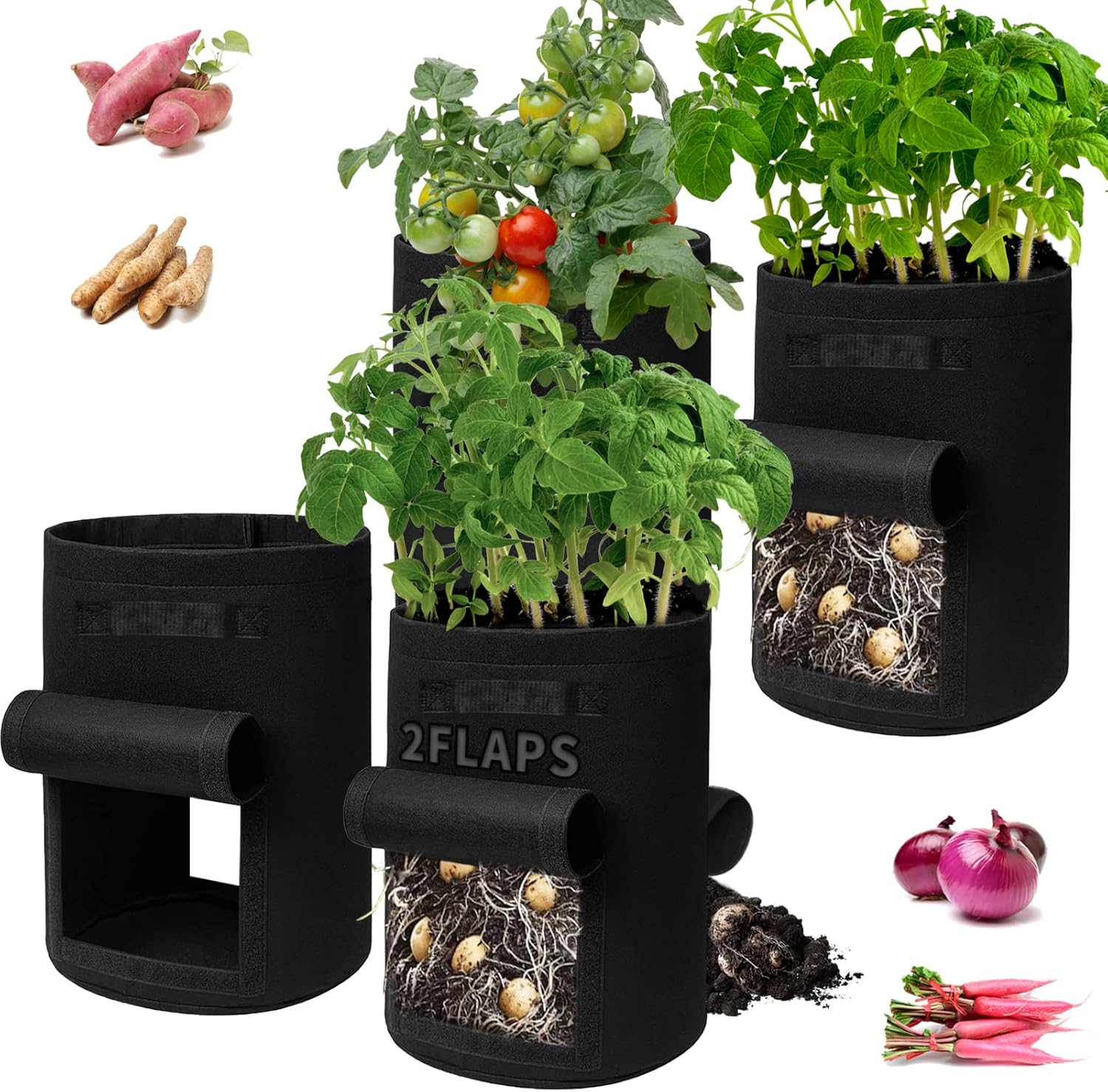 4-Pack 15-Gallon Grow Bags with 2 Flaps and Reinforced Handles,Non-Woven Potato...