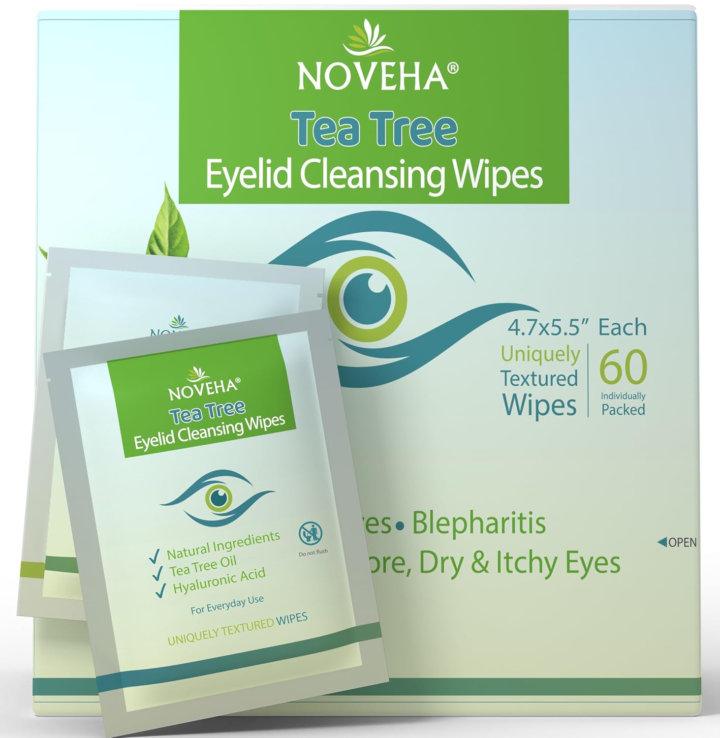 NOVEHA 60PCs Tea Tree Oil Eyelid & Lash Wipes | With Hyaluronic Acid, Green Tea...