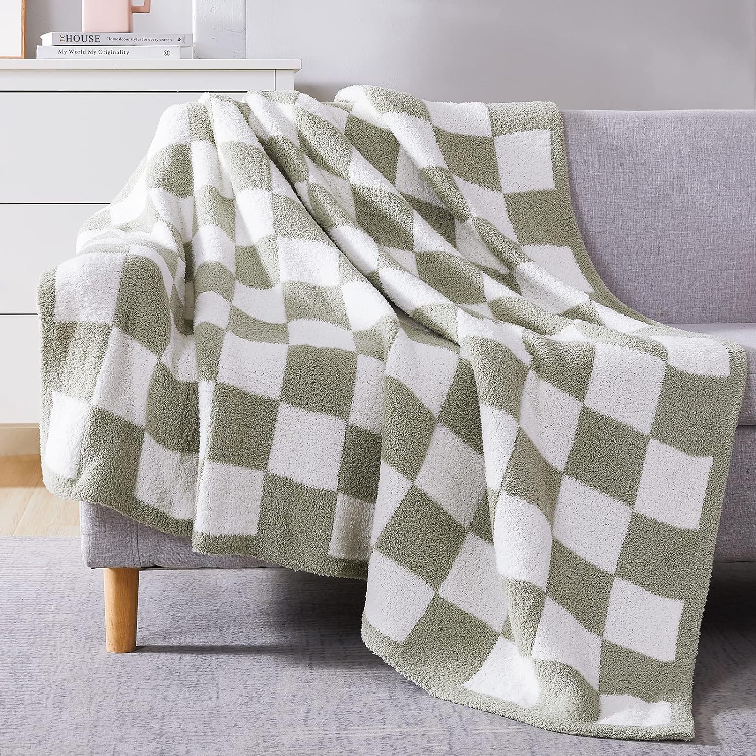 WRENSONGE Checkered Throw Blanket, Sage Green Microfiber Soft Cozy Fluffy Warm H...