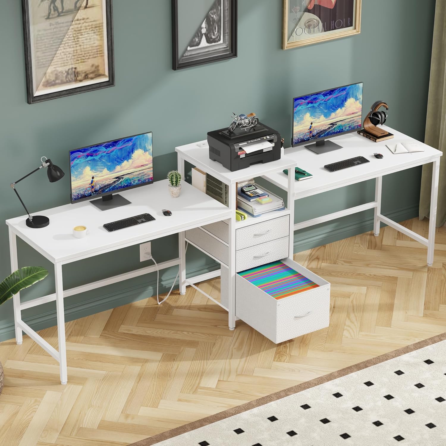 93'' Two Person Desk with Charging Station, Long Desk with 3 Drawers and Printer...