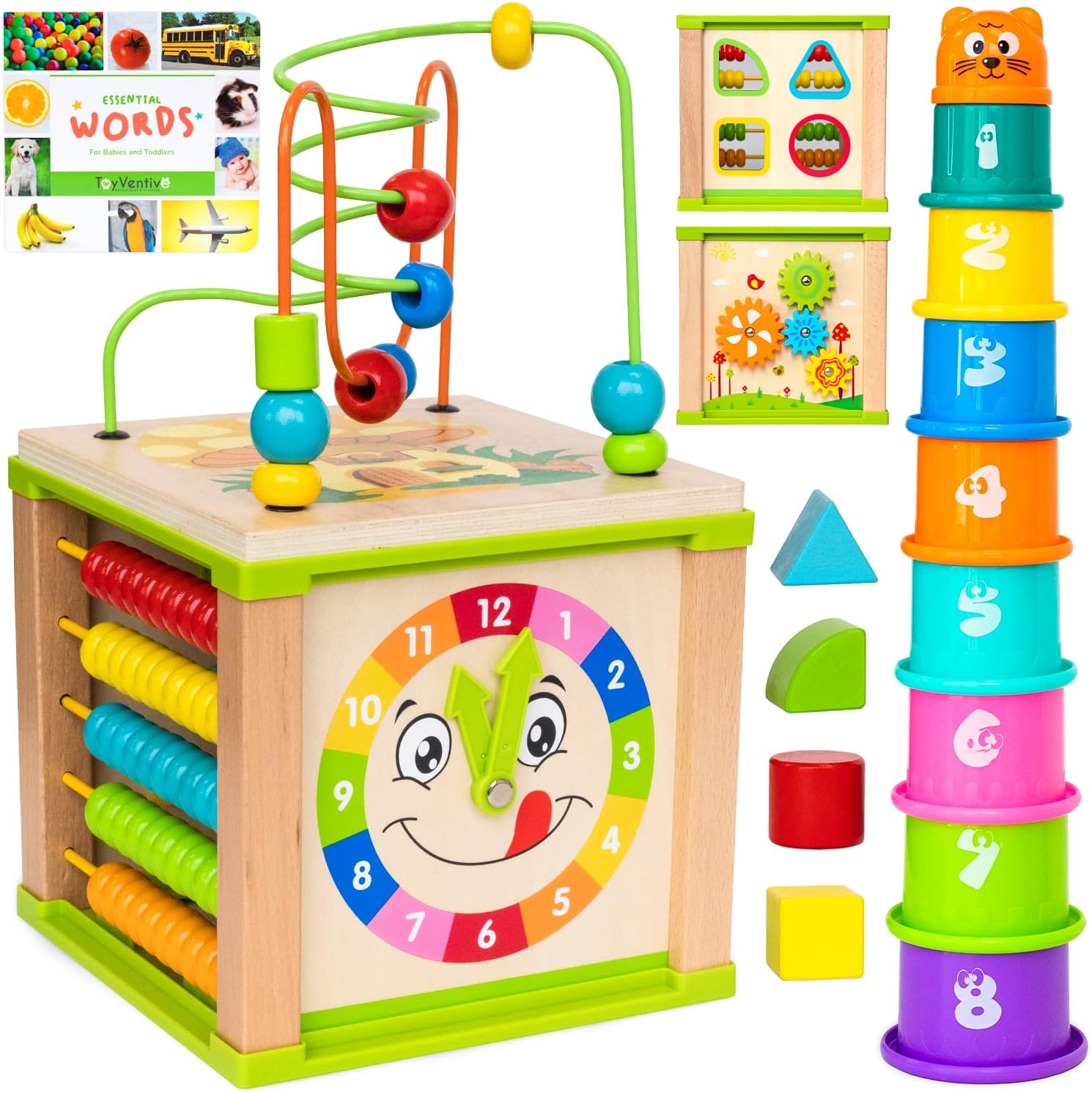 TOYVENTIVE Wooden Activity Cube, Montessori Toys, Multipurpose Educational Senso...