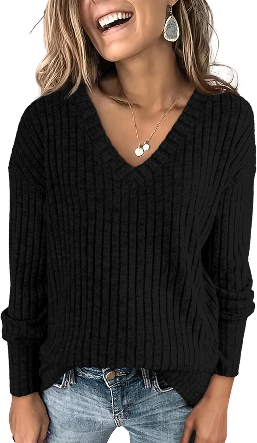 ANRABESS Long Sleeve Shirts for Women V Neck Casual Fall Tops Loose Fit Lightwei...
