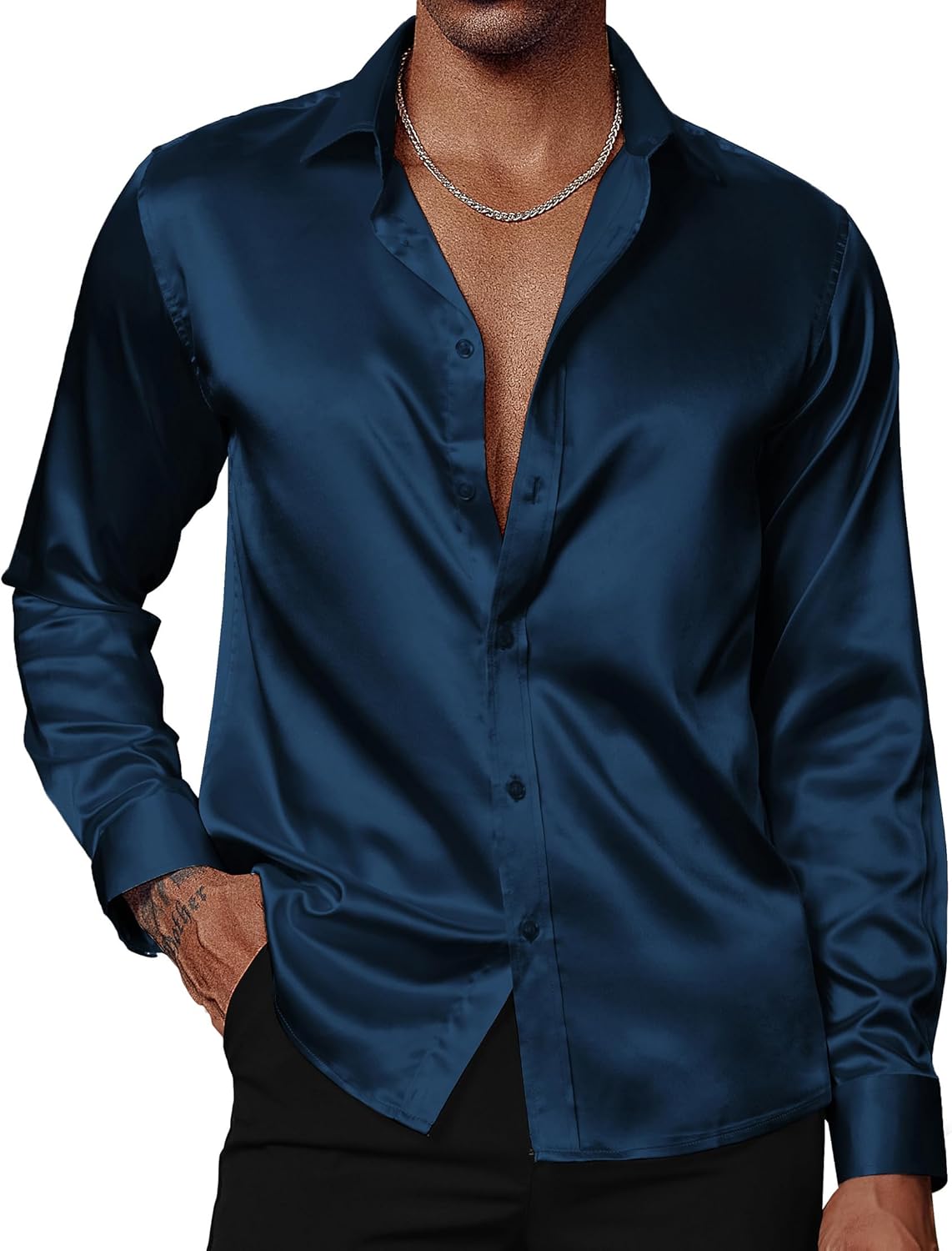 PJ PAUL JONES Men's Shiny Satin Dress Shirts Long Sleeve Button Down Silk Shirt...