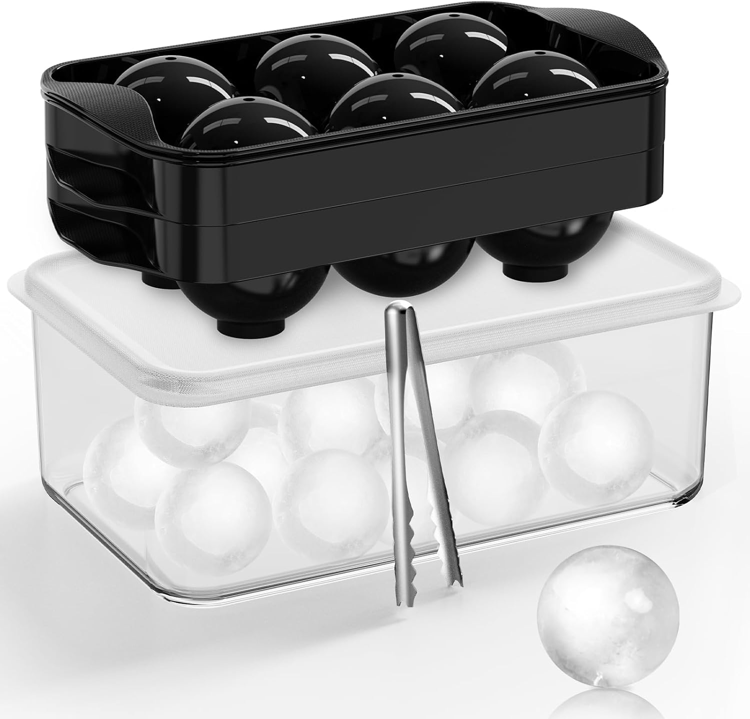 Whiskey Ice Ball Maker with Lid and Bin, 1.9" Round Iced Cube Trays for Freezer,...