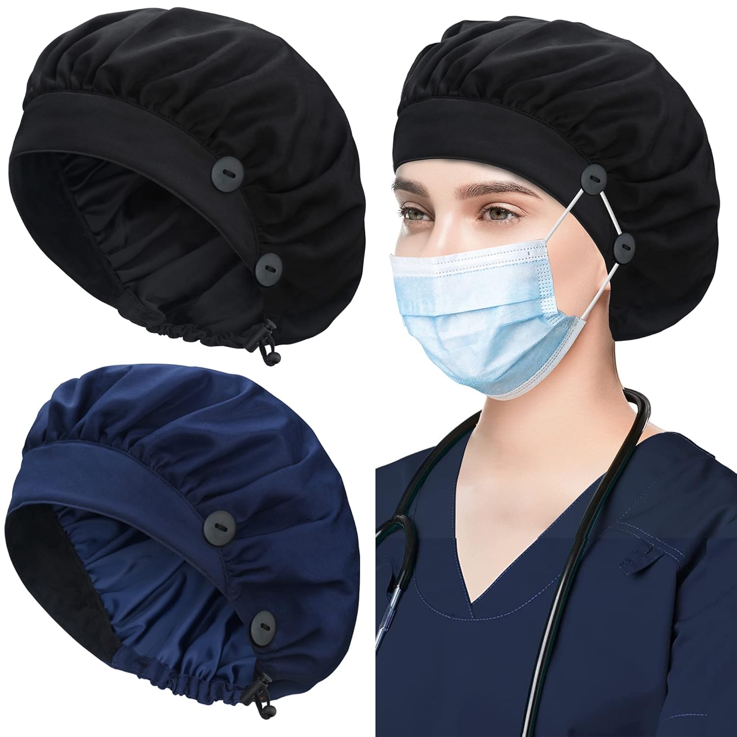 ABAMERICA 2 Pack Bouffant Caps with Button and Sweatband, Adjustable Scrub Caps...