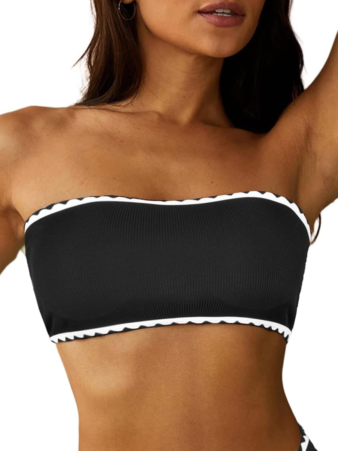 ZAFUL Women Textured Bandeau Bikini Top Lace up Strapless Swimsuit Solid Color H...