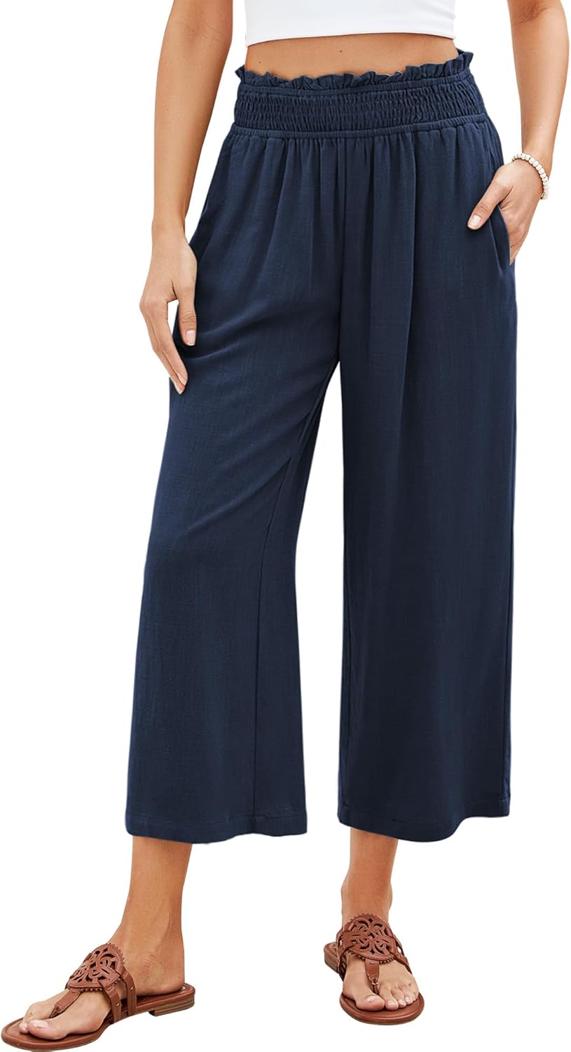 GRAPENT Capri Pants for Women High Waisted Wide Leg Linen Palazzo Trousers Pull...