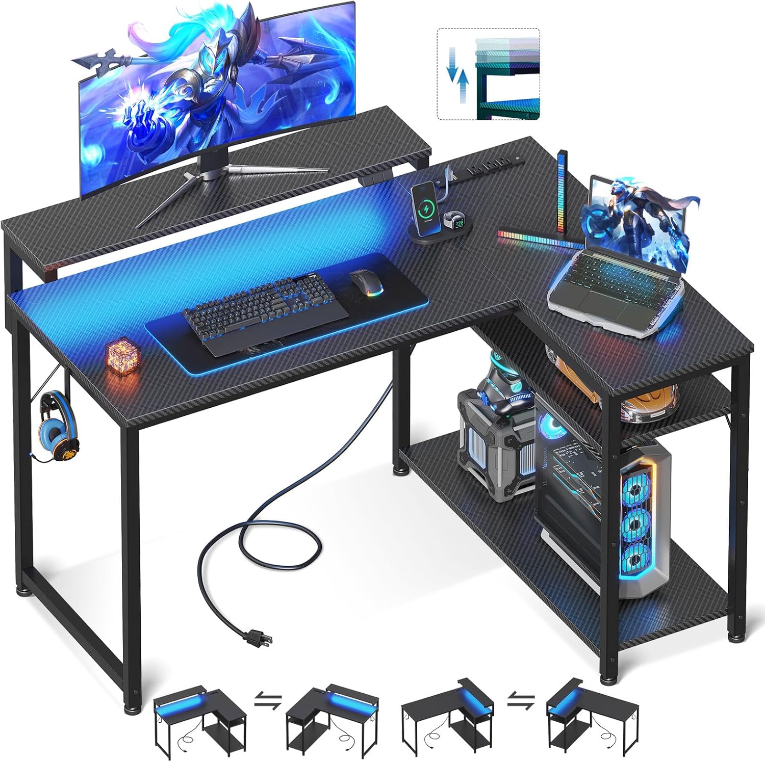 MOTPK L Shaped Gaming Desk with Power Outlet, Reversible Gaming Desk with Height...
